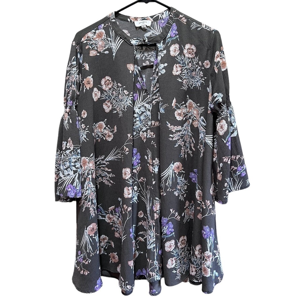 Umgee Women Gray Floral Dress Size Small Oversized 3/4 Sleeve Flowy Party‎